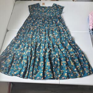 Natural Life Dress Women XL Blue Floral Corduroy Boho Short Sleeve Bump Friendly